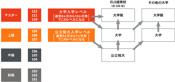 ELSインテンシブ英語プログラム(毎月入学可能)のレベルと英語力の関係